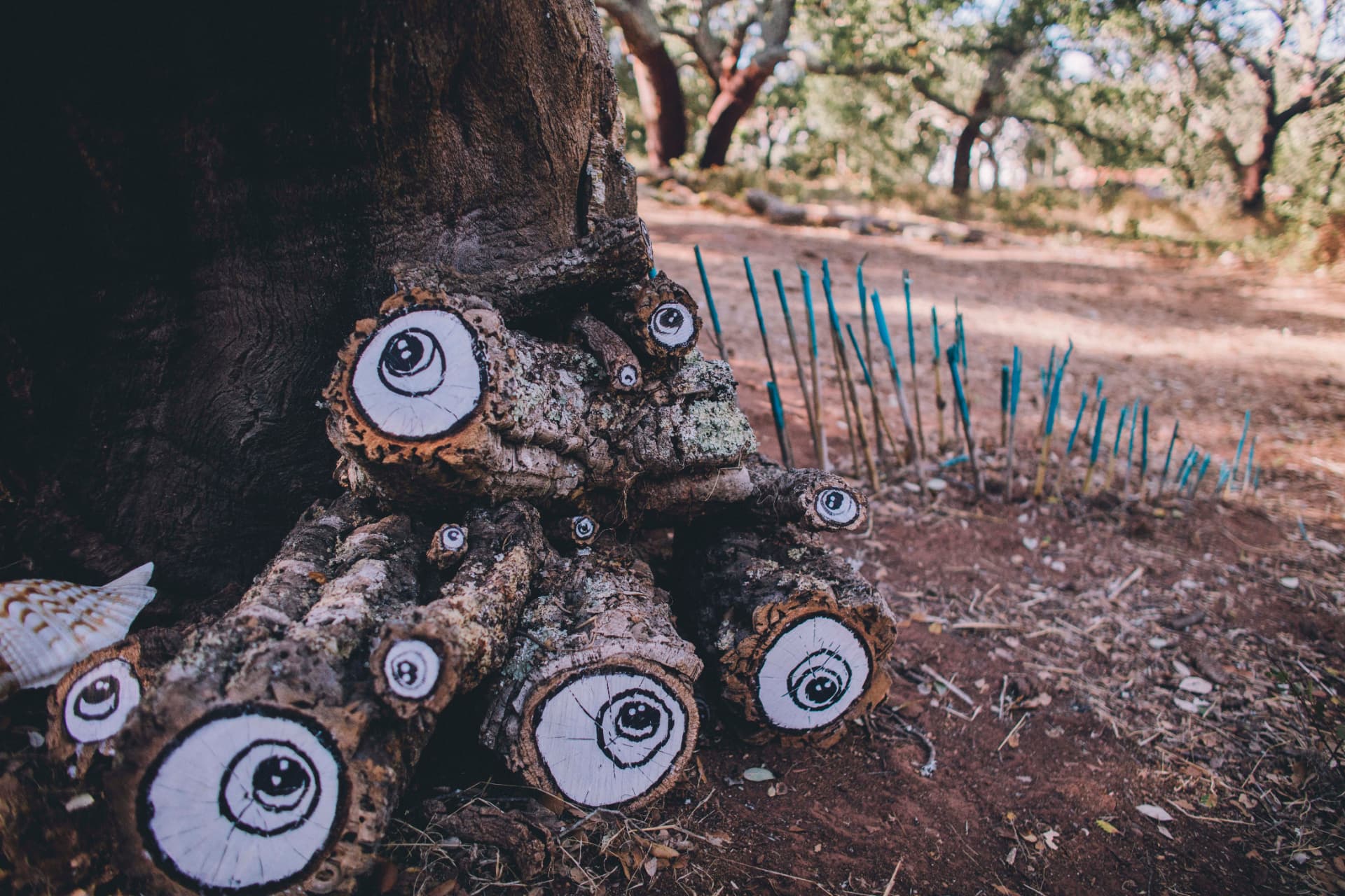 Troncos de cortiça pintados com olhos junto a uma árvore