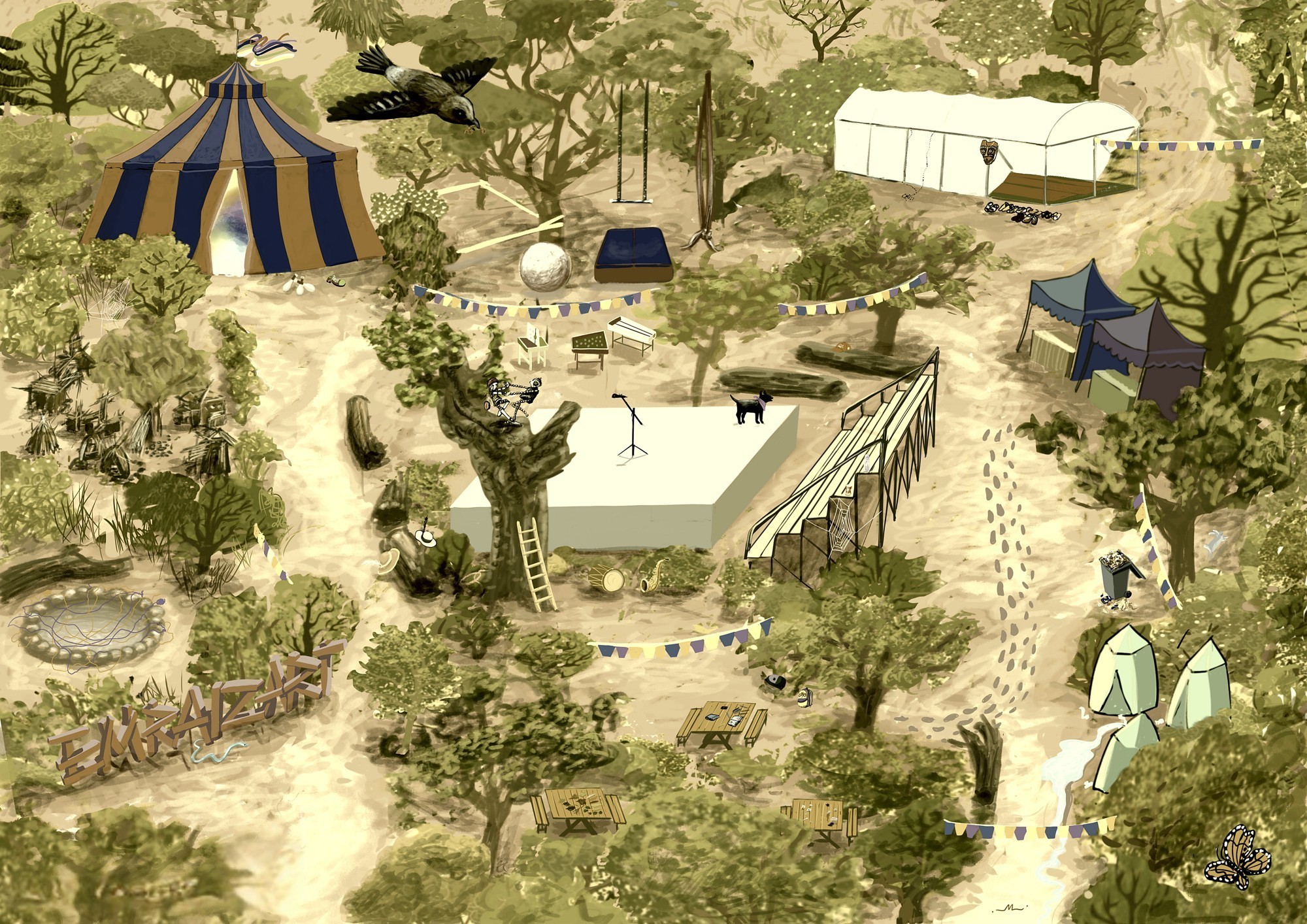 Mapa ilustrado do recinto do festival com tenda de circo, palco, tendas de apoio e caminhos na floresta