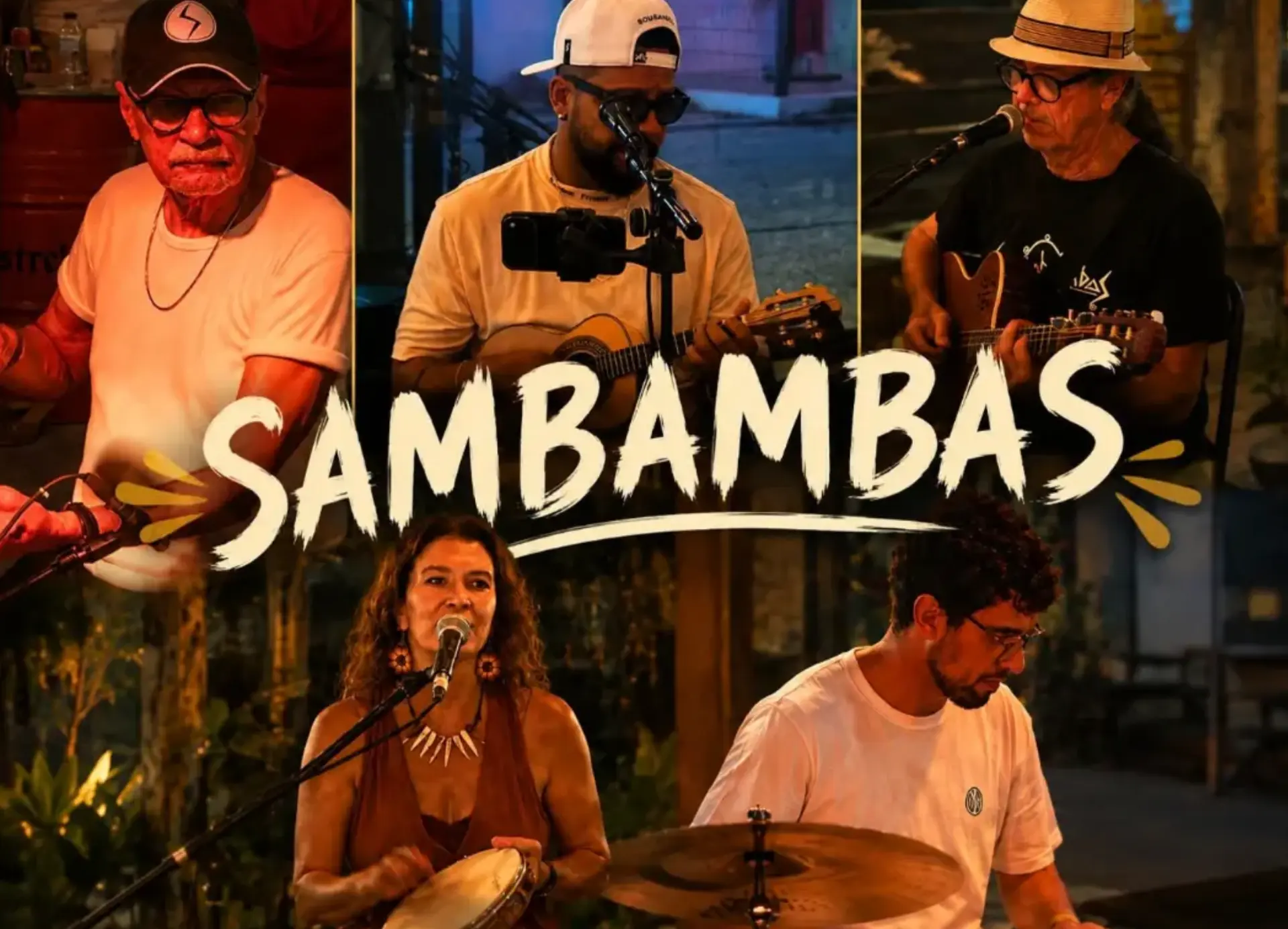 Os cinco músicos dos Sambambas em atuação ao vivo